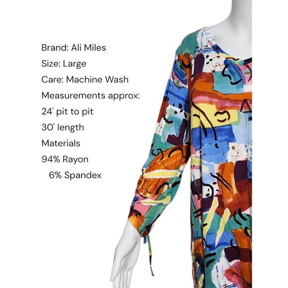 Ali Miles Womens Large Stretchy Top 3/4 Cinch Sleeve Art To‎ Wear Artsy Abstract - Picture 2 of 7